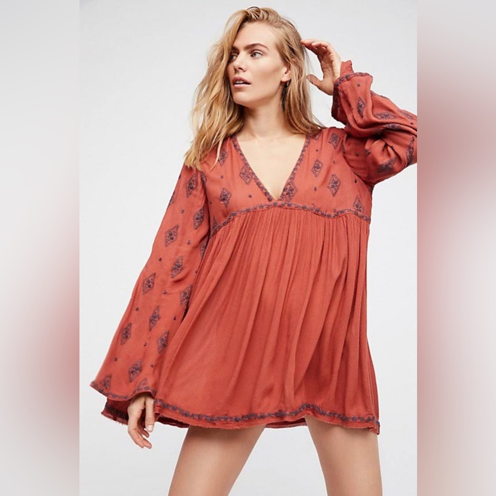Free People | Medium Orange‎ Rustic Diamond Embroidered Dress